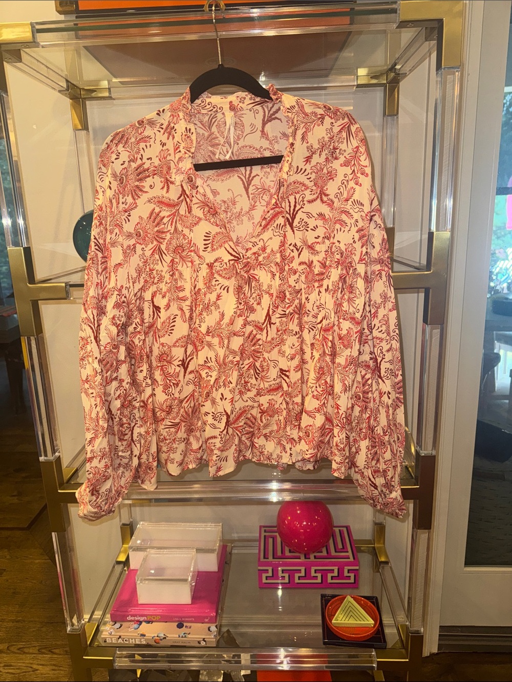 Anthropologie Women’s Cream Floral Peasant Blouse with Pink Print